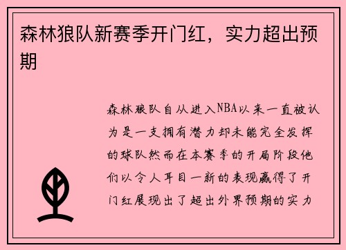 森林狼队新赛季开门红，实力超出预期