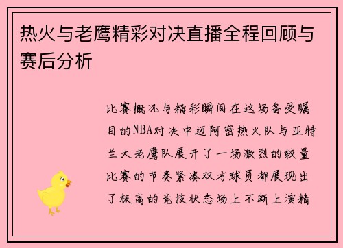 热火与老鹰精彩对决直播全程回顾与赛后分析